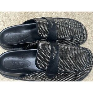 SCHUTZ Ava Flat Mule Loafer Slides Womens 10.5B Black Rhinestone Square